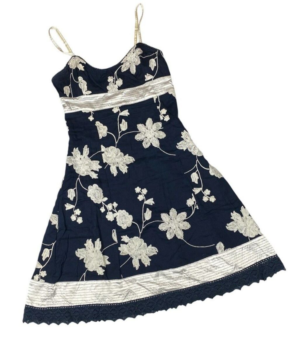 Varga Women L Navy Floral Embroidered Slip Dress 100% Cotton Strappy Knee Length